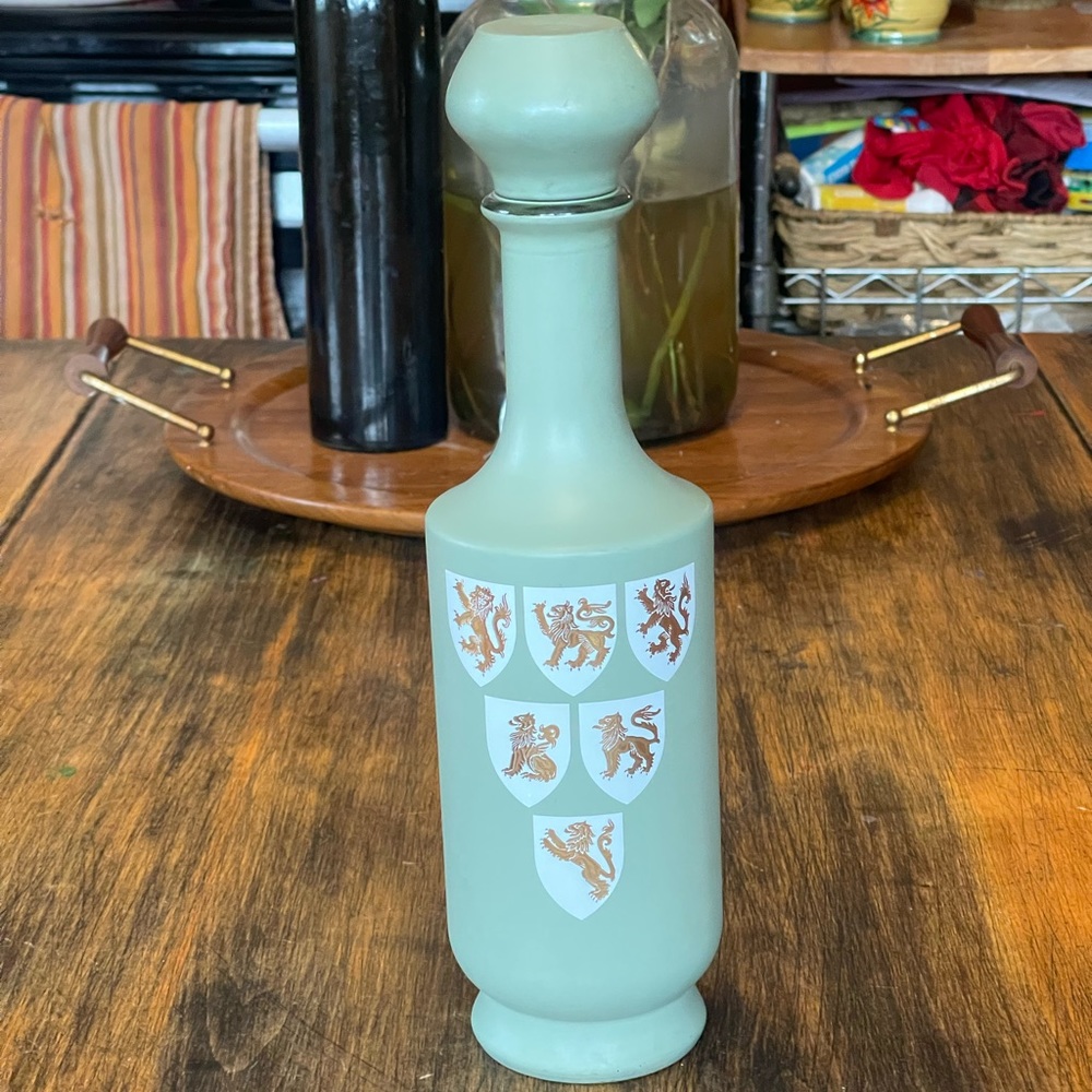 Vintage Green Glass Decanter Old Fitzgerald Liquor Bottle Mint Green Lion Crest